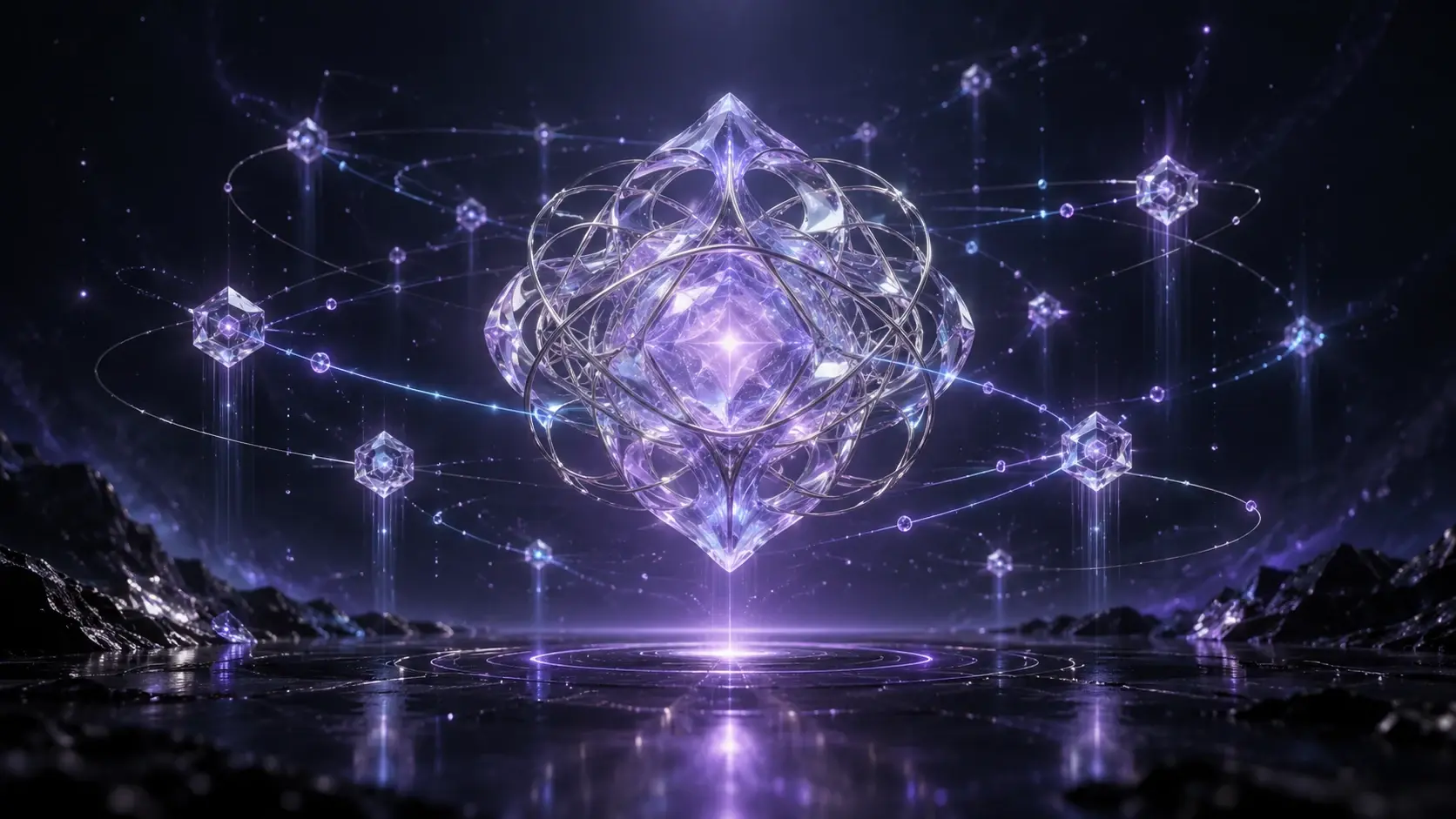 A luminous glass intelligence core connected to a constellation of Web3 nodes by violet and cyan pathways